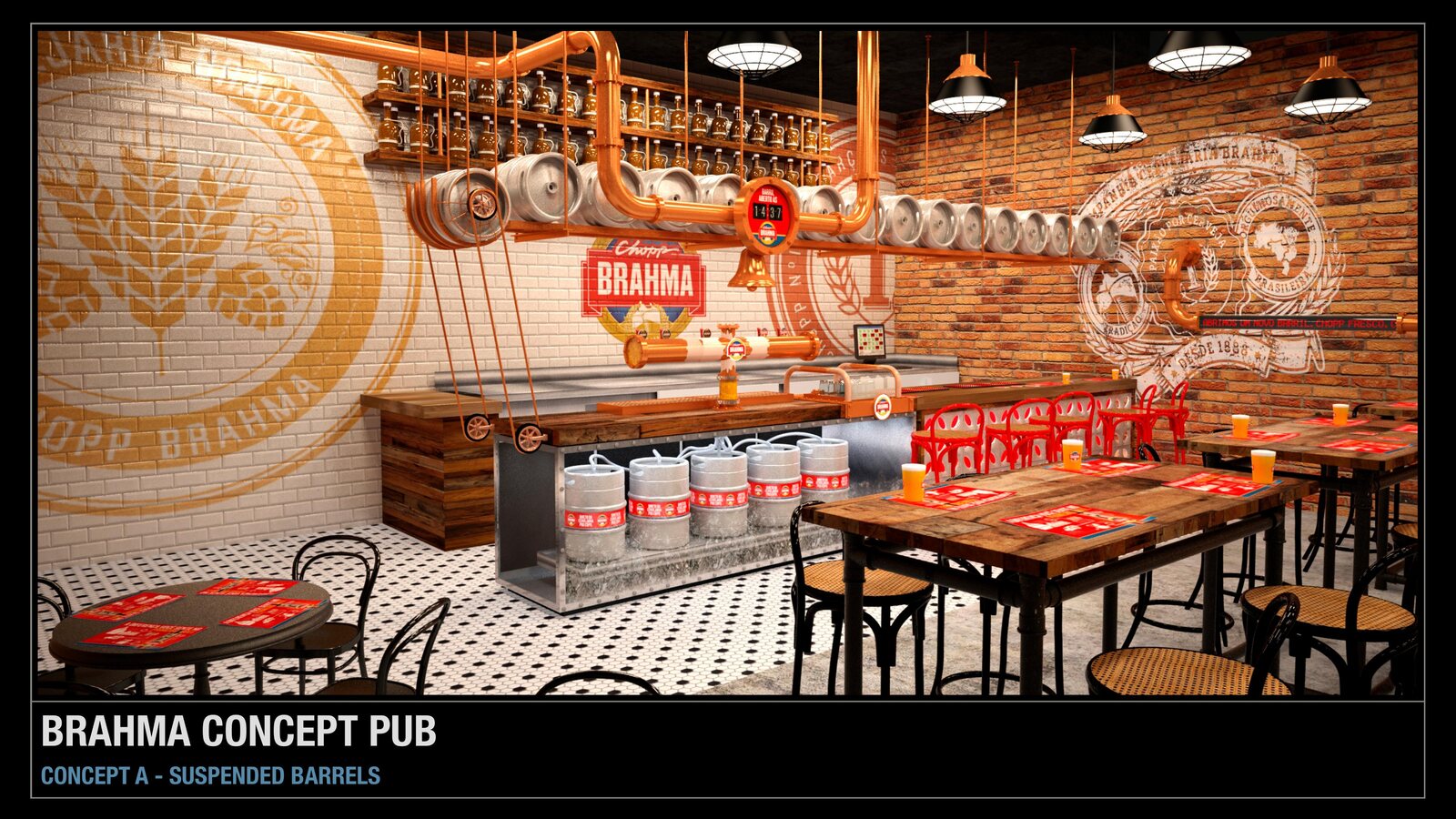 Brahma Concept Pub — suspended barrels, full room
