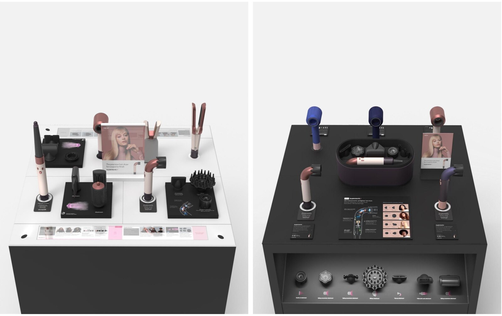 Dyson retail fixture — product density comparison, old vs new plinth
