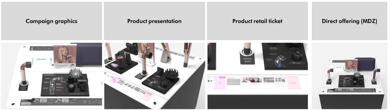 Dyson fixture mechanics — campaign graphics, product presentation, ticket and direct offering