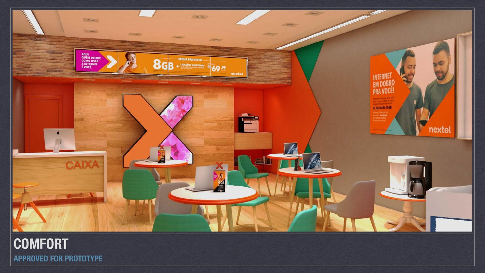 Nextel Concept Store — interior seating and digital signage