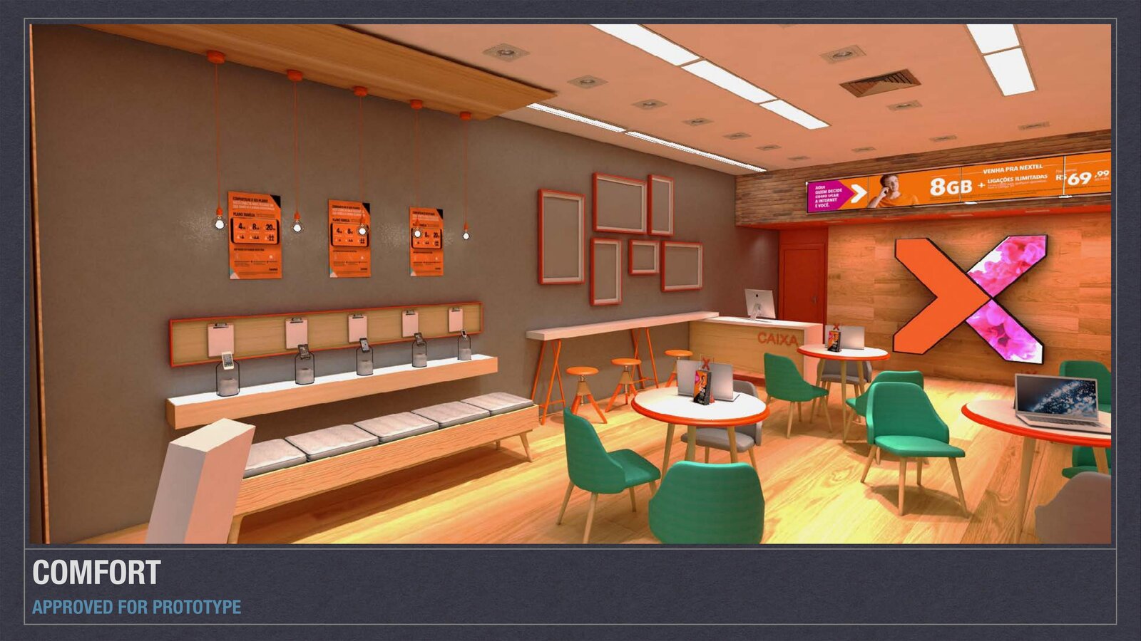 Nextel Concept Store — device wall and lounge seating